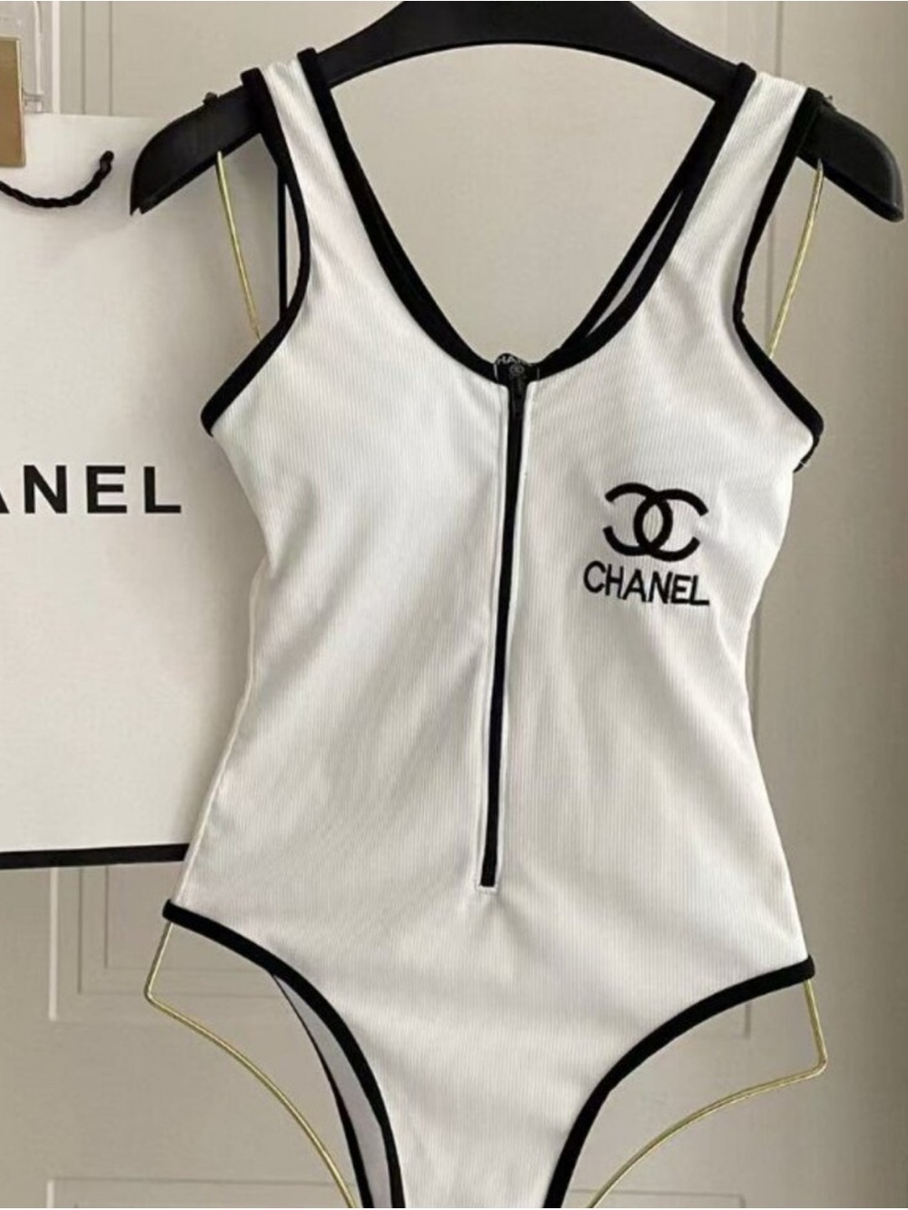 CHANEL White and Black Trim Zip Front Swimsuit